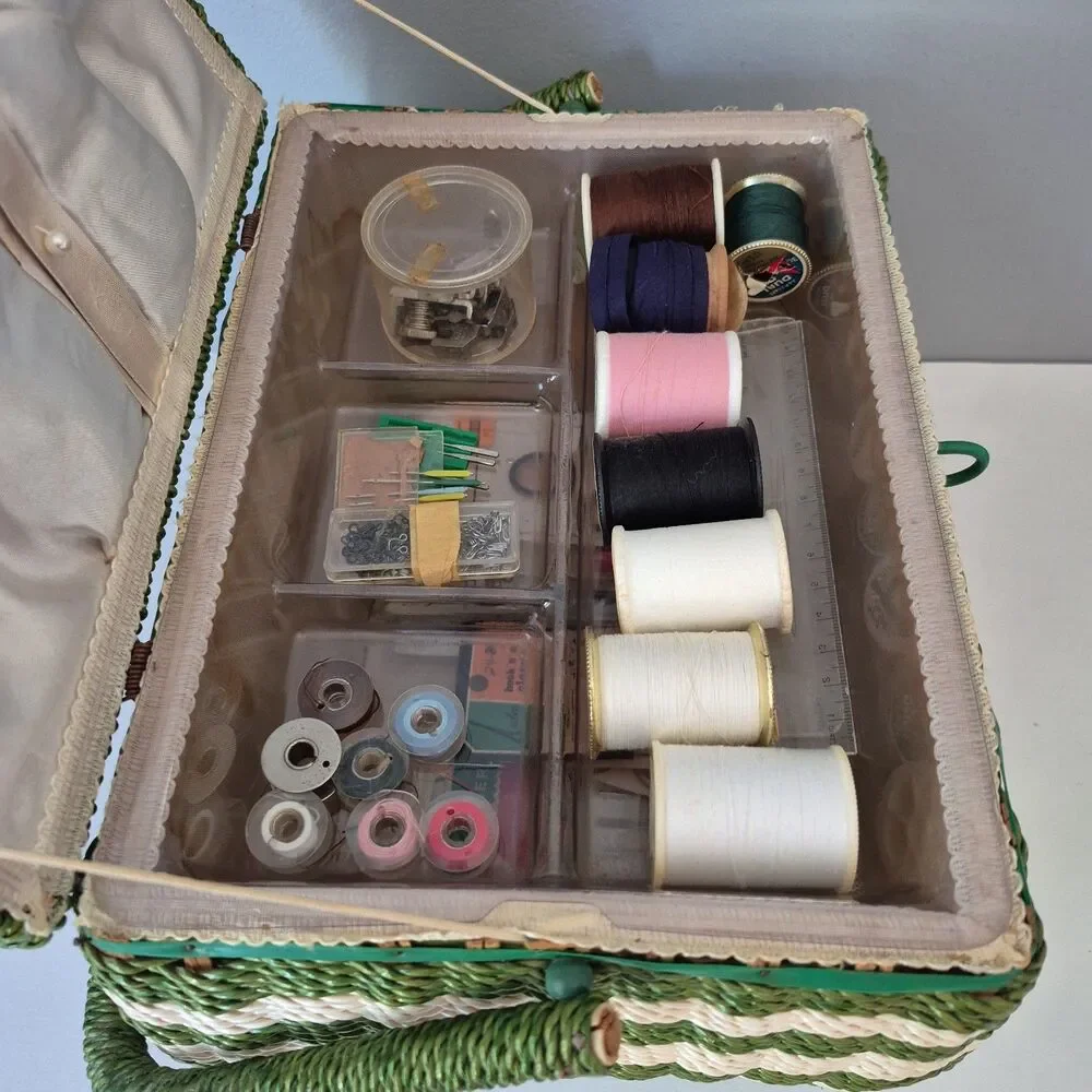 JCPenney VTG Green White Wicker Divider Sewing Box Caddy w/ Handle Accessories